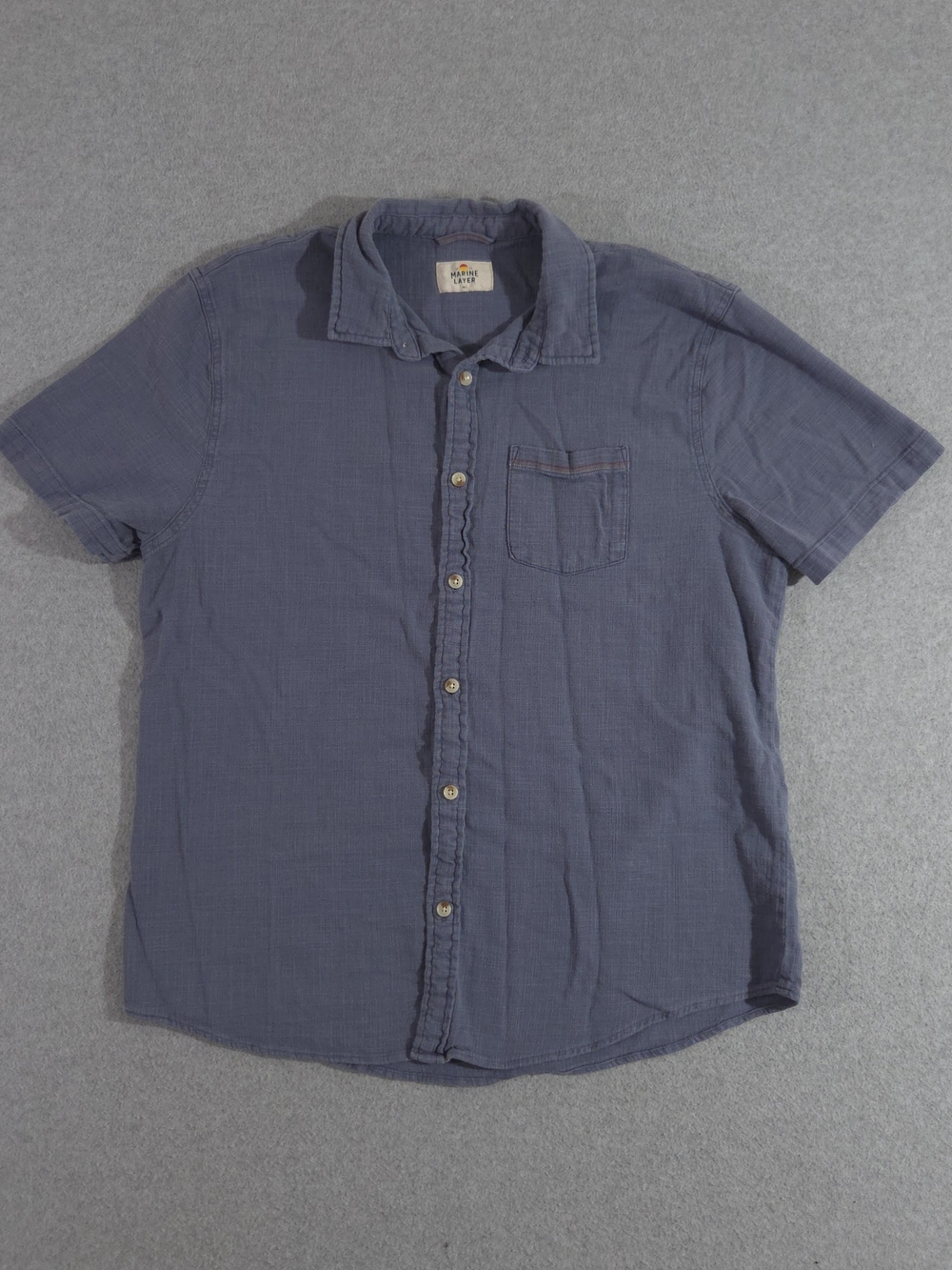 Marine Layer Mens M/L Blue Stretch Selvedge Short Sleeve Button Up Shirt Pocket